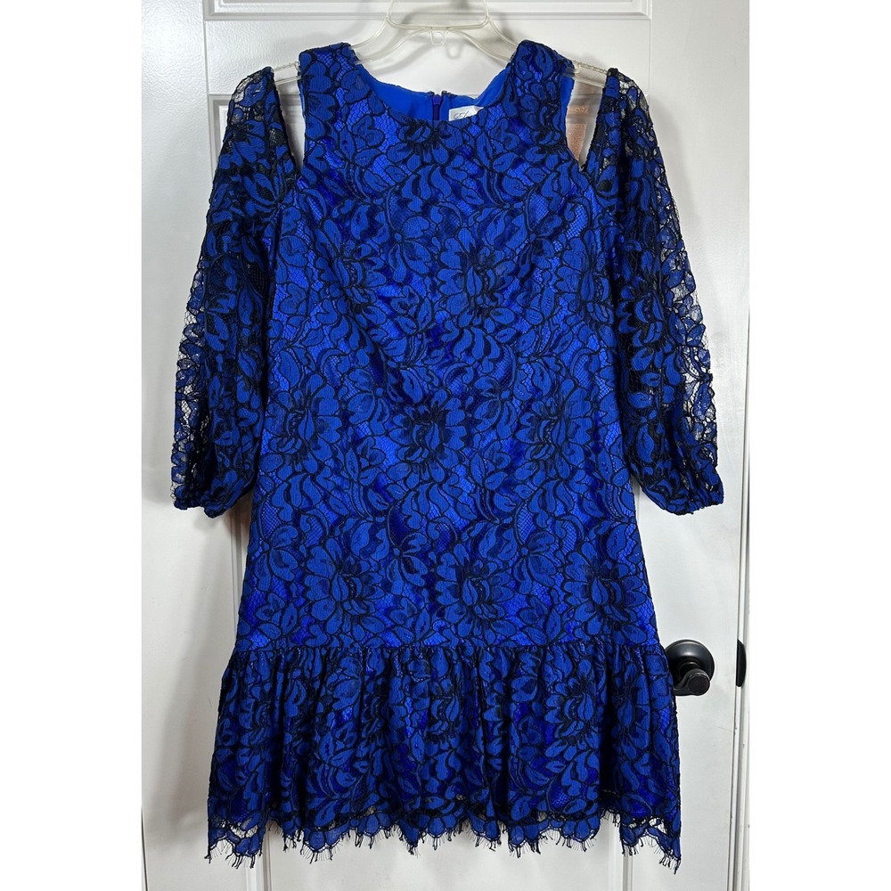 Eliza J Royal Blue Black Lace Cold Shoulder Ruffle Hem Dress‎ Size 4